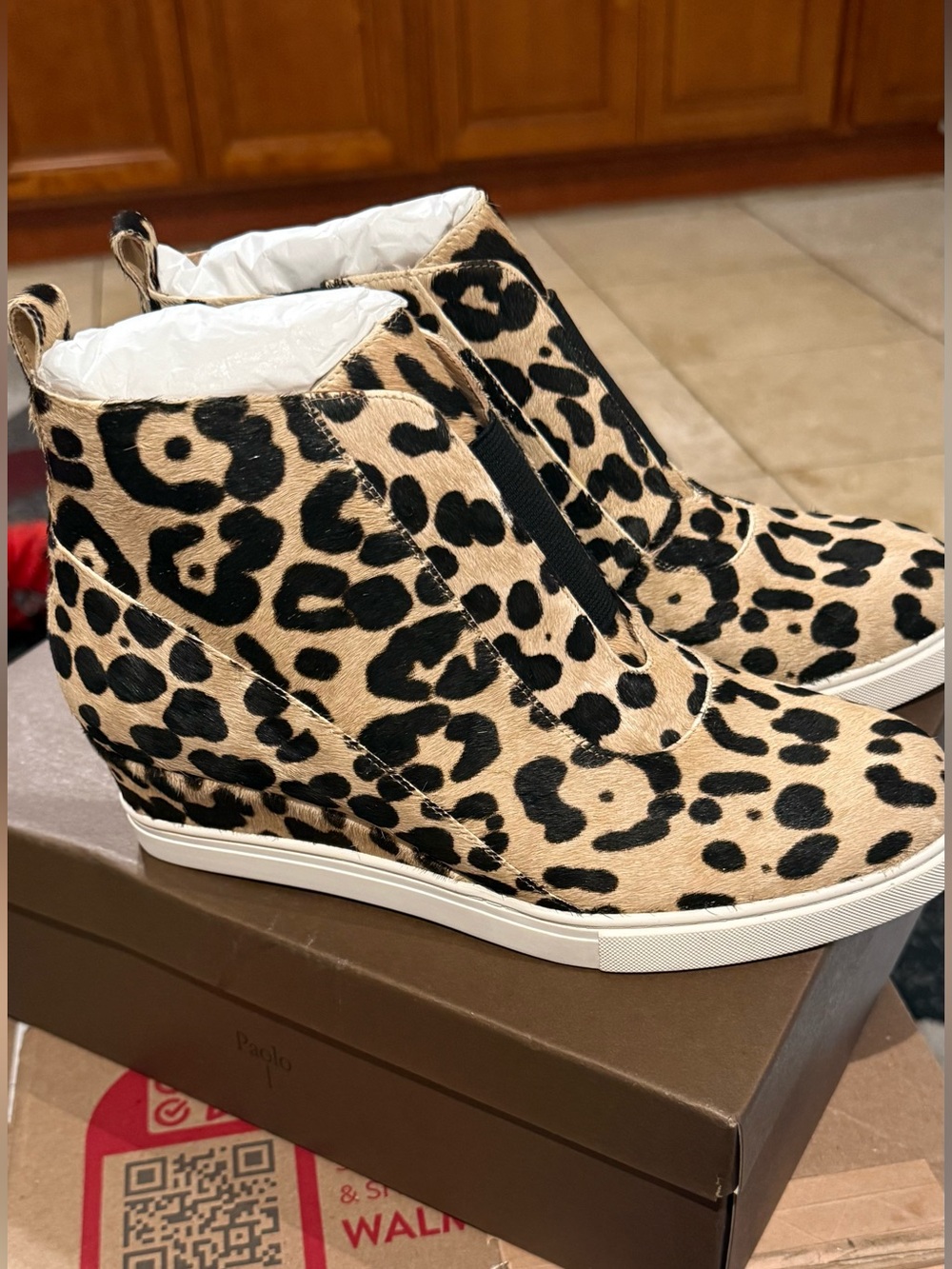 Paolo Leopard-Print Wedge Sneaker Bootie in Tan and Black.  The Anna 3